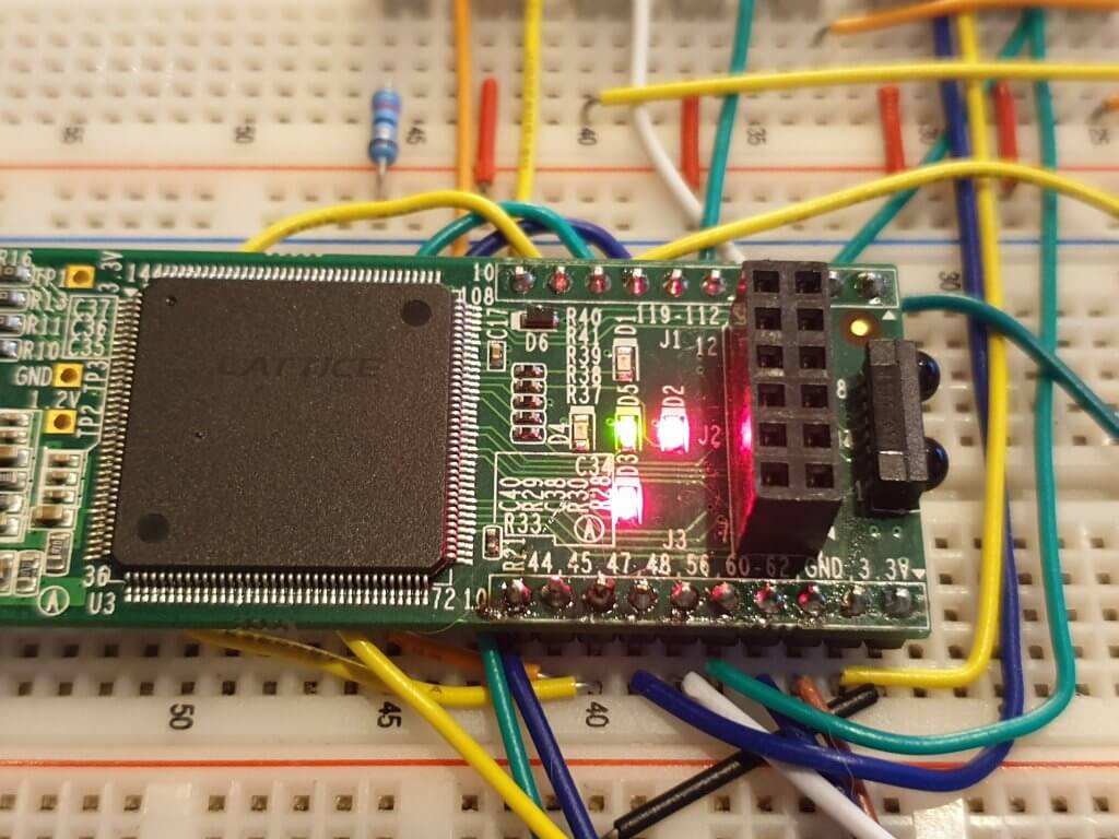 Lattice iCEStick on breadboard with debug LEDs lit