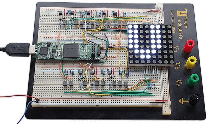 Dot Matrix Course breadboard with Lattice iCEstick FPGA and LED display