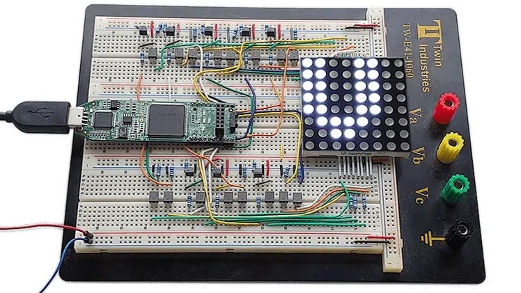 Dot Matrix Course breadboard with Lattice iCEstick FPGA and LED display