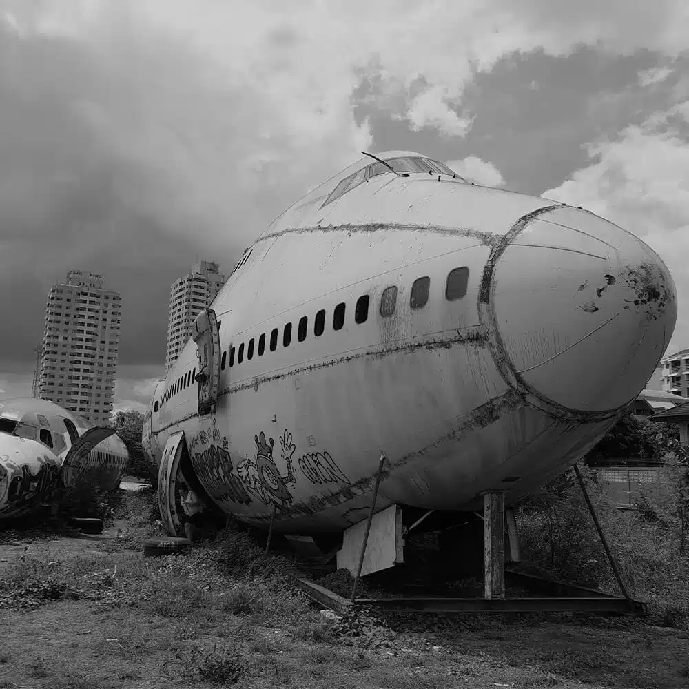 Decommissioned Boeing 747 in grayscale