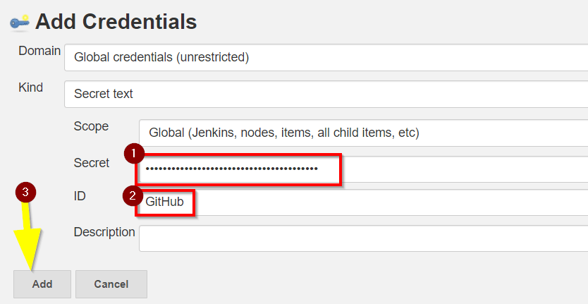 Add credentials as secret GitHub text in Jenkins