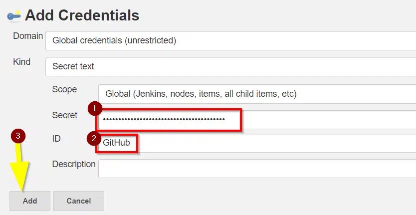 Add credentials as secret GitHub text in Jenkins
