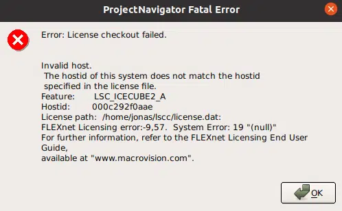 Error: License checkout failed. Invalid host. The hostid of this system does not match the hostid