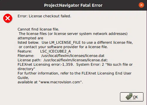 iCEcube2 Error: License checkout failed. Use LM_LICENSE_FILE to use a different license file Feature: LSC_ICECUBE2_A Filename: /usr/local/flexlm/licenses/license.dat