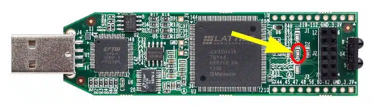 The power-on LED on the Lattice iCEstick FPGA development board