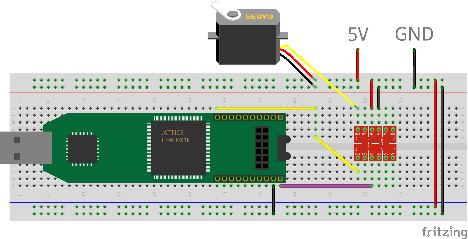 Breadboard layout of Lattice iCEstick connected to servo through a level shifter