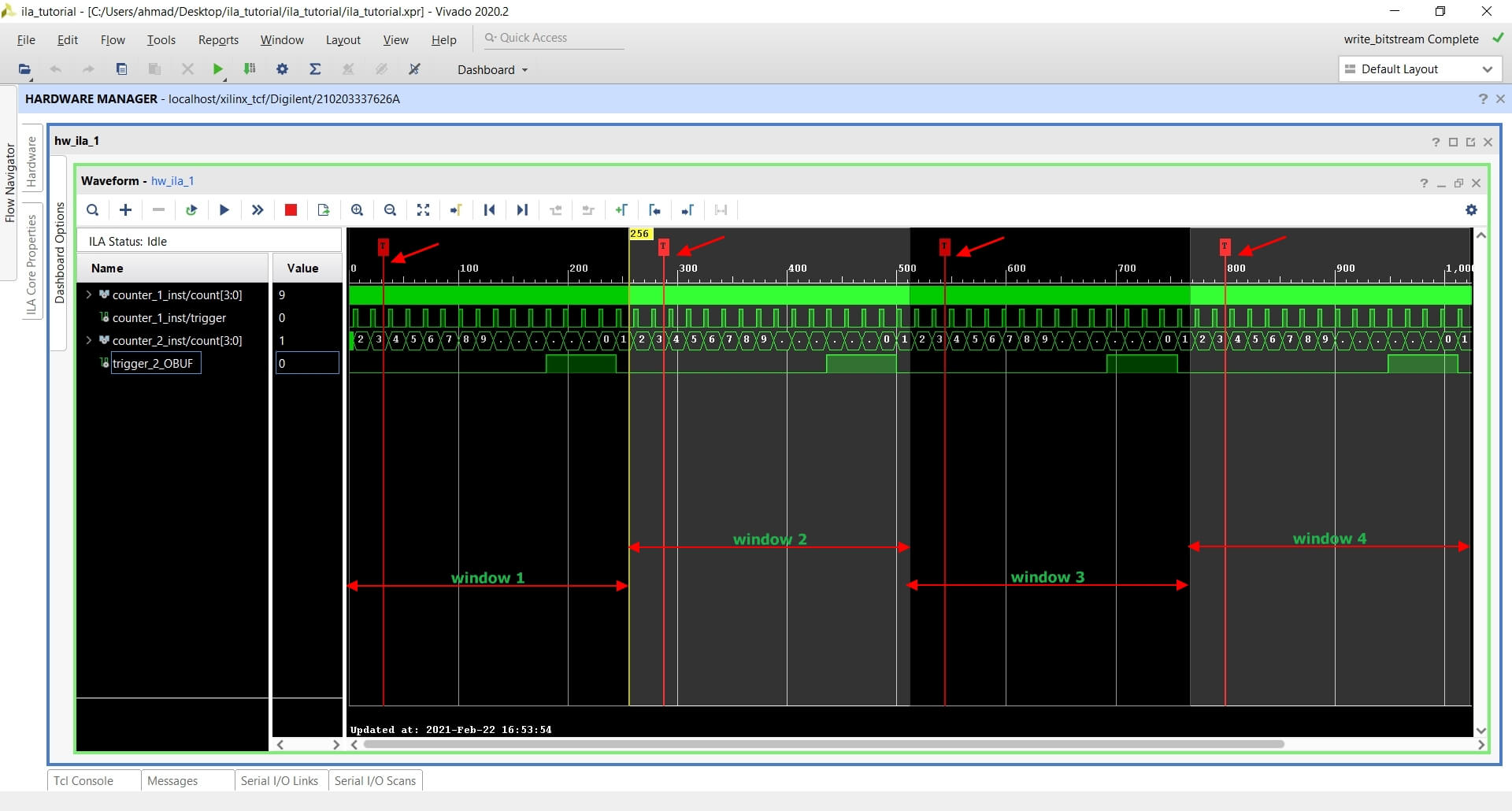 ILA waveform with four time windows and multiple triggers